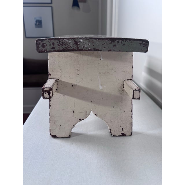 Vintage Scandinavian Folk Art Painted Solid Wood Low Stool, Dove Gray & Off White For Sale - Image 9 of 12