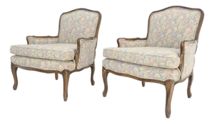 Pair of Country French Light Fruitwood Armchairs Lounge Club Chairs Floral