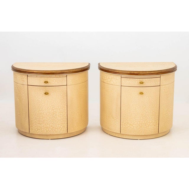 Pair of Modern D-Shaped Painted Wood Bedside Cabinets, in beige with crackle finish the half moon top, each with a table...