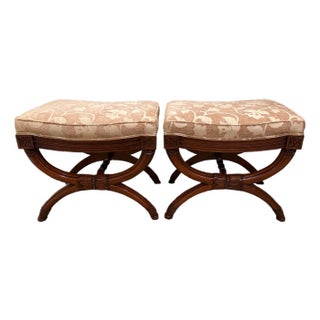 Carved Wood Karges Benches With Neutral Plush Upholstery -a Pair For Sale