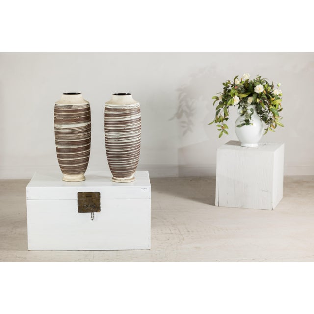 Late 20th Century Artisan Tall Ceramic Vase with Horizontal Striated Glaze, Sold Individually For Sale - Image 18 of 18