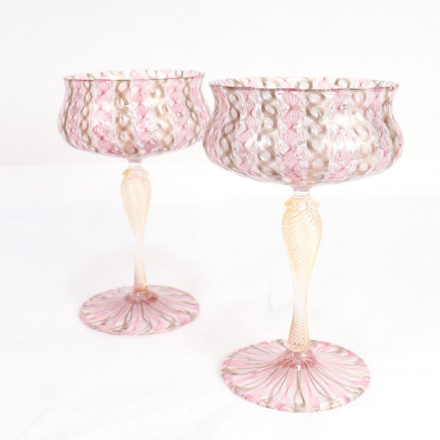 Glass Pair of Venetian / Salviati Murano Glass Latticino Toasting Champagne Glasses For Sale - Image 7 of 15
