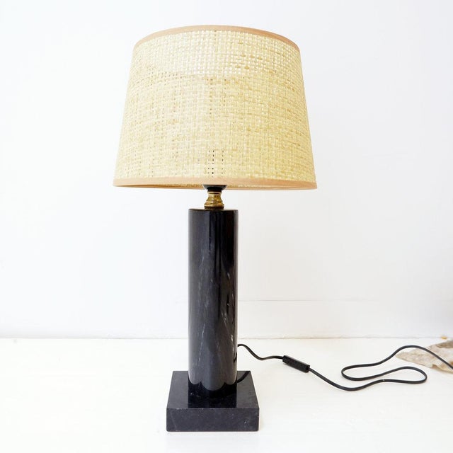 Table Lamp in Black Marble with Natural Raffia Lampshade For Sale - Image 6 of 11