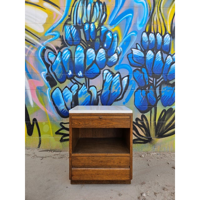 Vintage Mid-Century Oak Nightstand With Marble Top For Sale In Austin - Image 6 of 8