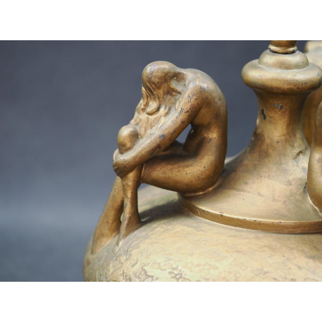 Metal 1930s Art Deco Signed Olive Kooken Figural Nude Women Bronze Over Plaster Table Lamp For Sale - Image 7 of 17