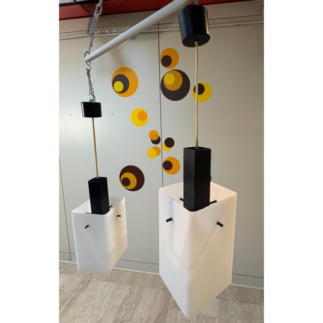 Mid-Century Modern Vintage Opal Glass and Metal Pendant Lamps from Stilux Milano, 1960s, Set of 2 For Sale - Image 3 of 15