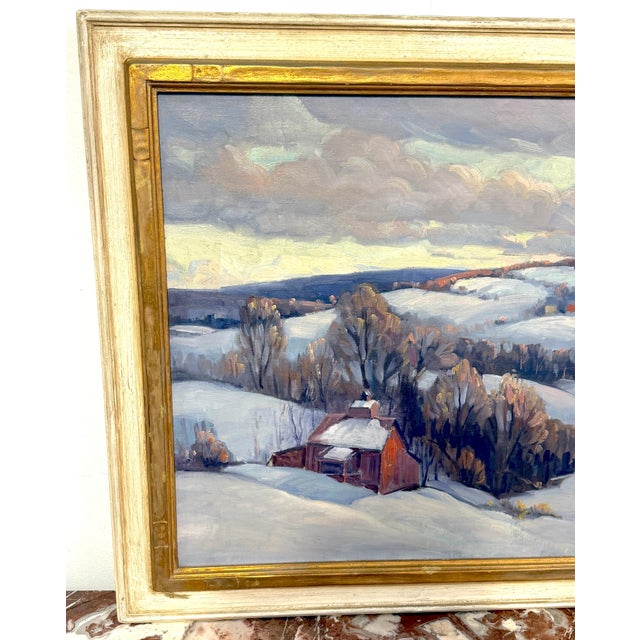 George Lingle Wilstach (American, 1892–1973) Winter Hillside with Red Barn Oil on canvas, signed lower right “Geo....