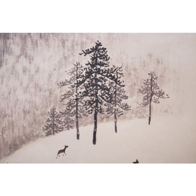 Large Showa Era Japanese Monochrome Print, Mountain Landscape With Deer For Sale - Image 4 of 9
