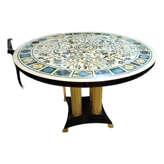 Grand French-Style Round Dining Table – Ornate Marble Top With Gilded Columns & Black Base For Sale