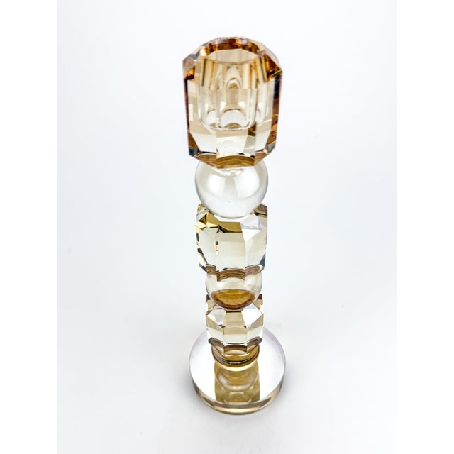 Art Deco Vintage Geometric Gold Tone Glass Pillar Candle Stick Holder For Sale - Image 3 of 11