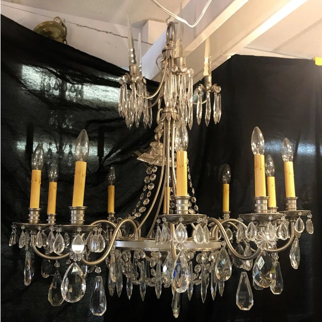 Vintage Ten Arm Nickel and Crystal Chandelier For Sale - Image 13 of 13