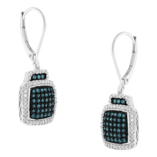 Black Rhodium over 925 Sterling Silver Blue and White Diamond Cushion Shaped Dangle Earrings, A Pair For Sale