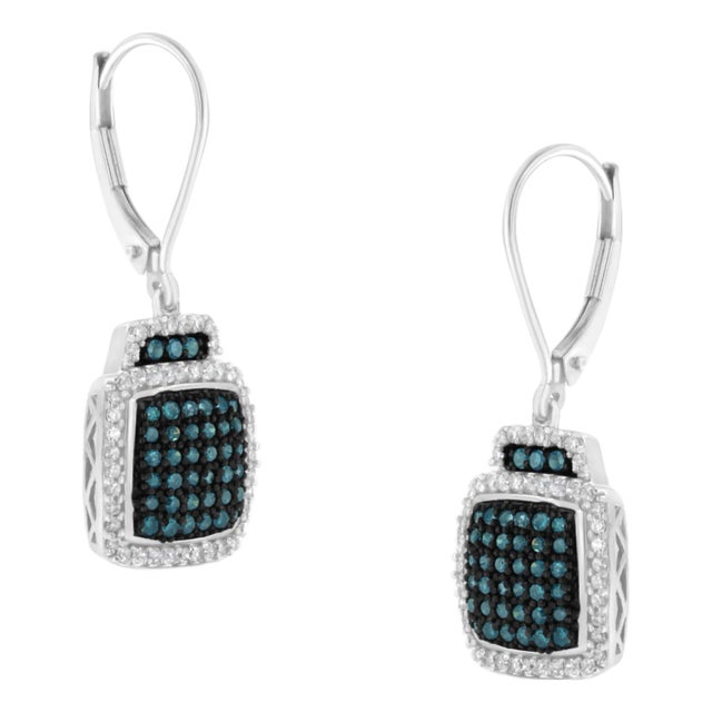 Black Rhodium over 925 Sterling Silver Blue and White Diamond Cushion Shaped Dangle Earrings, A Pair For Sale