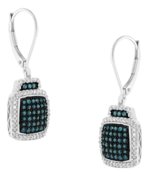 Black Rhodium over 925 Sterling Silver Blue and White Diamond Cushion Shaped Dangle Earrings, A Pair
