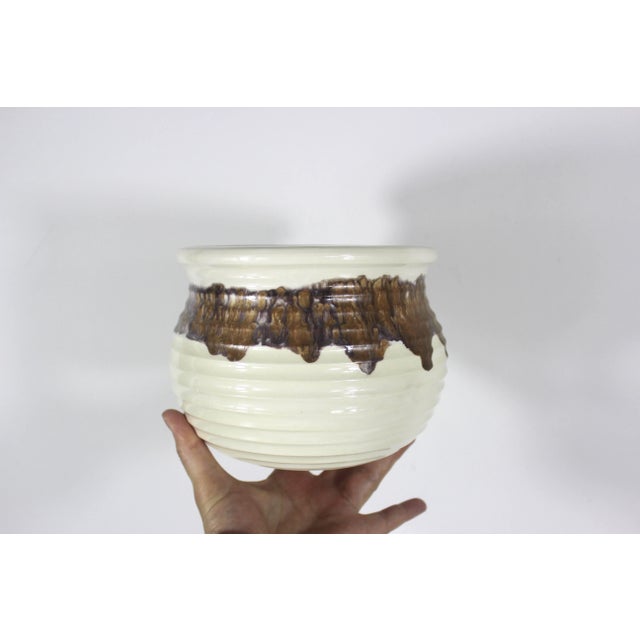 Mid-Century Modern 1970’s Handmade Indoor Pottery Planter With Drip Glaze Cream With Brown Purple Glaze For Sale - Image 3 of 7