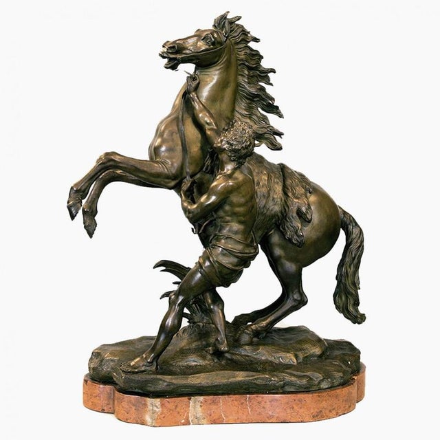 After Guillaume Coustou the Elder, The Marly Horses, France, 19th Century, Bronze and Marble, Set of 2 For Sale - Image 4 of 6