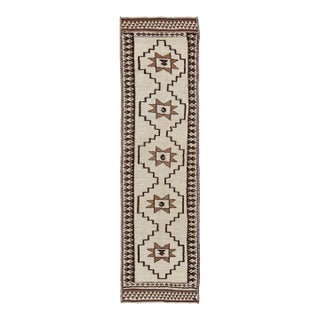 Long Runner Vintage Turkish Tulu With Modern Design in Cream, Brown 3'4 X 12' For Sale