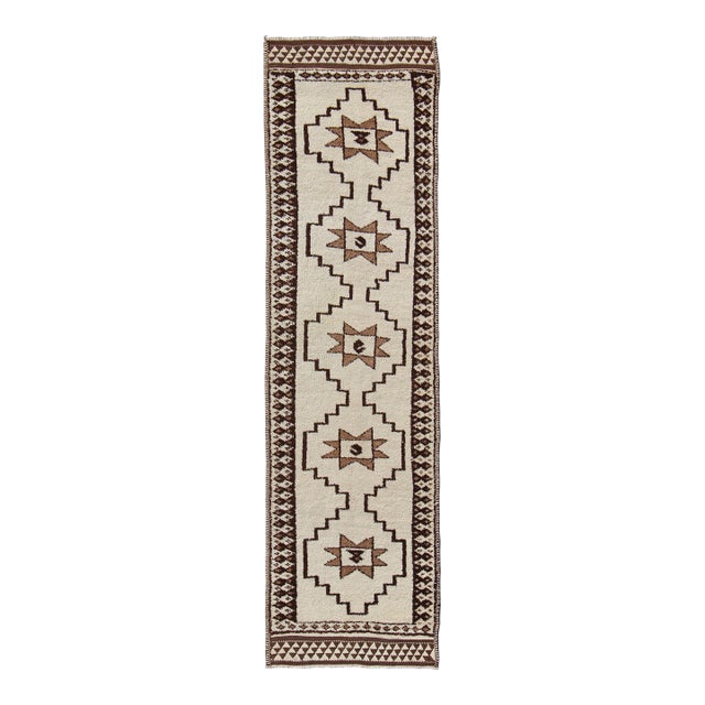Long Runner Vintage Turkish Tulu With Modern Design in Cream, Brown 3'4 X 12' For Sale