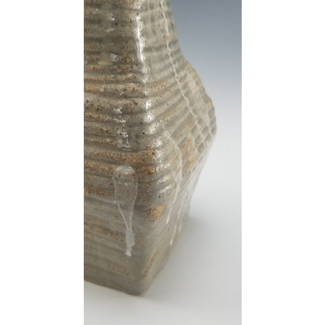 Ceramic Studio Art Pottery Vase Drip Glaze Stoneware Handmade Ceramic Beige Cobalt Blue For Sale - Image 7 of 8