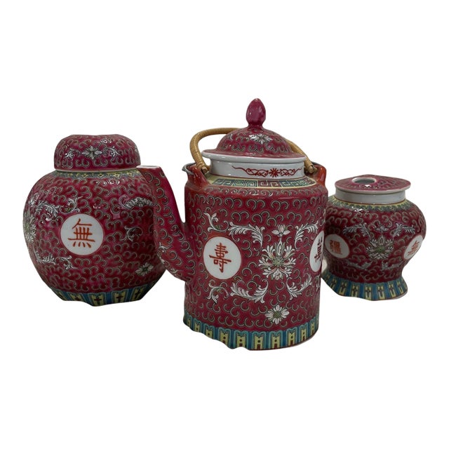 Vintage Red Famille Rose Chinese Tea Set For Sale
