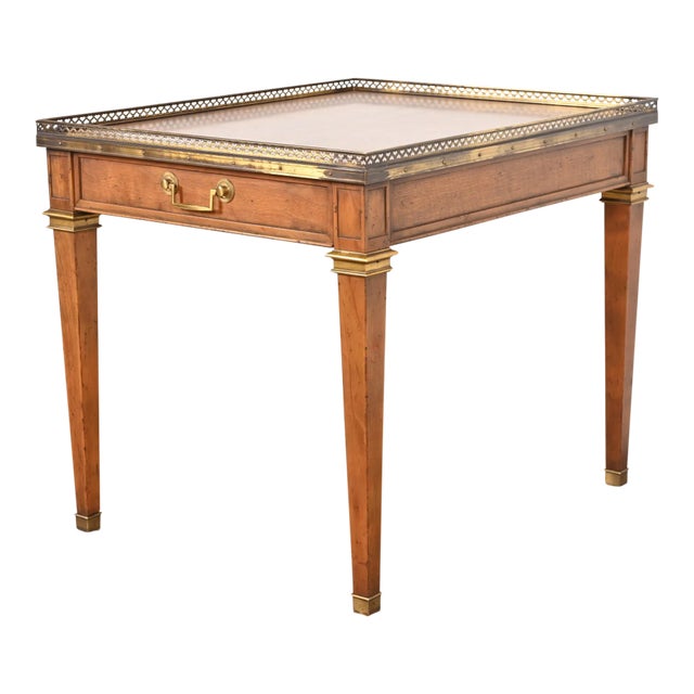 Baker Furniture French Regency Louis XVI Walnut, Burl Wood, and Brass Tea Table For Sale