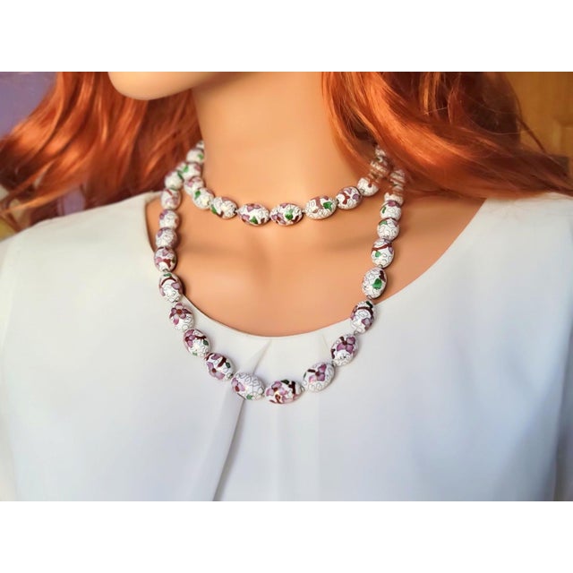 Metal Vintage Art Deco Chinese Hand-Painted Floral Porcelain Necklace, 1930s, 41" For Sale - Image 7 of 9
