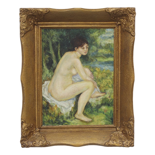 French School, Naive Folk Art Painting with Nude Figure, 1920s, Oil on Canvas For Sale
