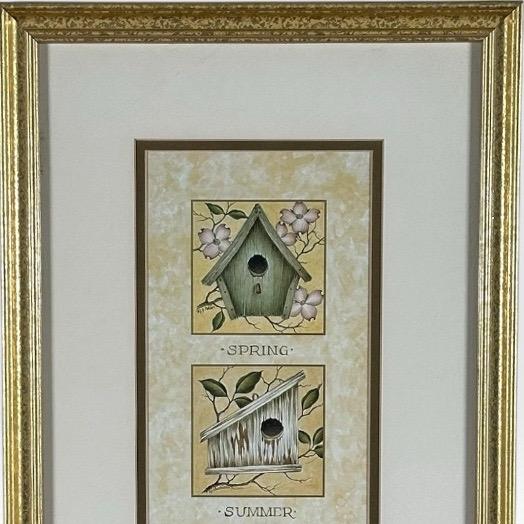 Vintage Nancy J Shumaker Pallan Bird Beginnings Seasonal Framed Prints Pair For Sale - Image 4 of 11
