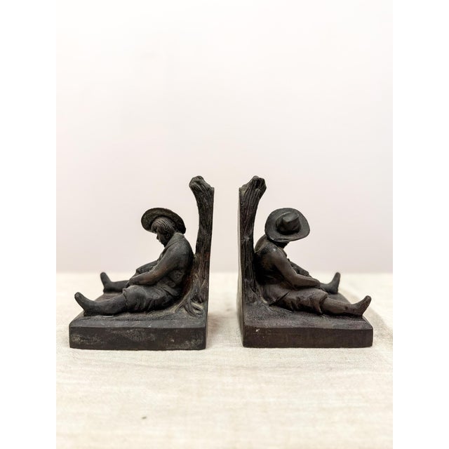 Vintage Cast Metal Bookends of Sleeping Man Figurine Decor For Sale - Image 4 of 5