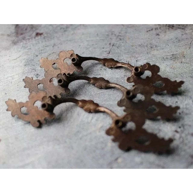 Metal Vintage French Provincial Antiqued Brass Ornate Bail Pulls - Sets of 3 For Sale - Image 7 of 7