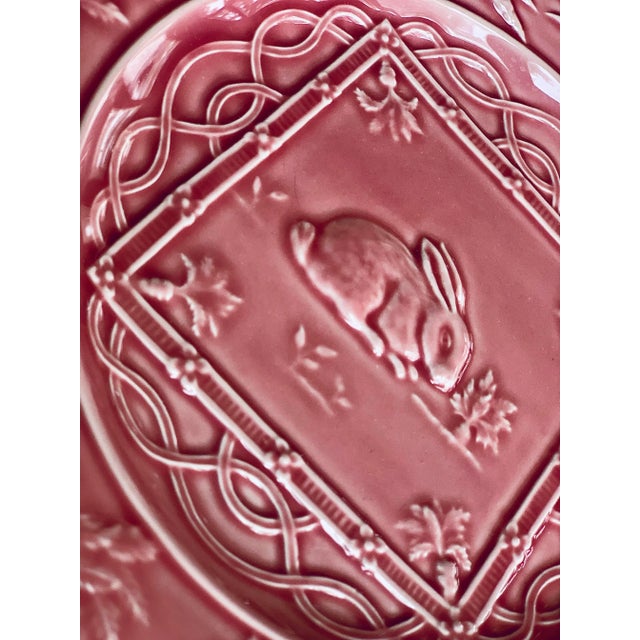 Shabby Chic Vintage Portuguese 'Bordallo Pinheiro' Majolica Glazed Ceramic Rabbit, Bunny, Easter Springtime Plate For Sale - Image 3 of 13