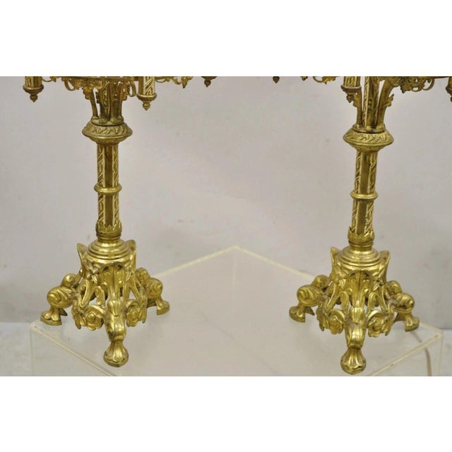 Antique Gothic Revival Gold Bronze Figural Candelabra Table Lamps - A Pair For Sale - Image 11 of 11