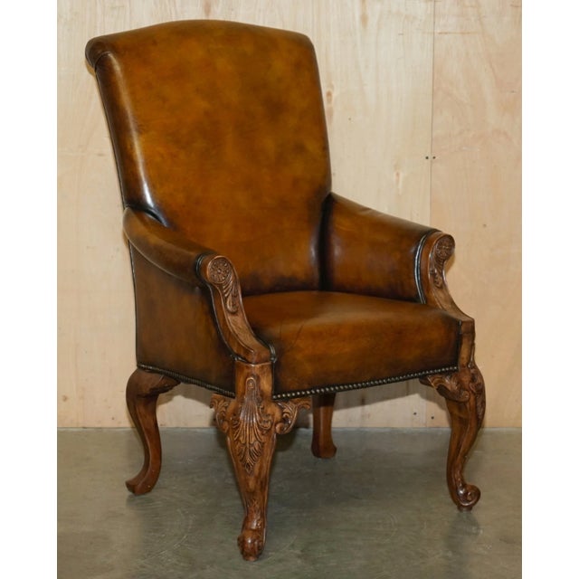 Pair of Antique Heavily Carved Hand Dyed Brown Leather Throne Armchairs For Sale - Image 4 of 18