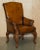 Pair of Antique Heavily Carved Hand Dyed Brown Leather Throne Armchairs For Sale - Image 4 of 18
