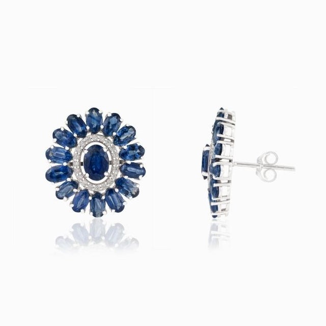 9.69ct Deep Blue Sapphire & Diamond Floral Halo Stud Earrings in 14k White Gold- A Pair For Sale - Image 4 of 14