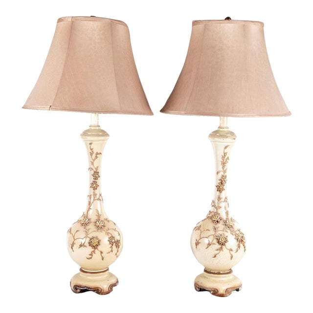 Vintage Hollywood Regency Applied Floral Table Lamps - A Pair For Sale