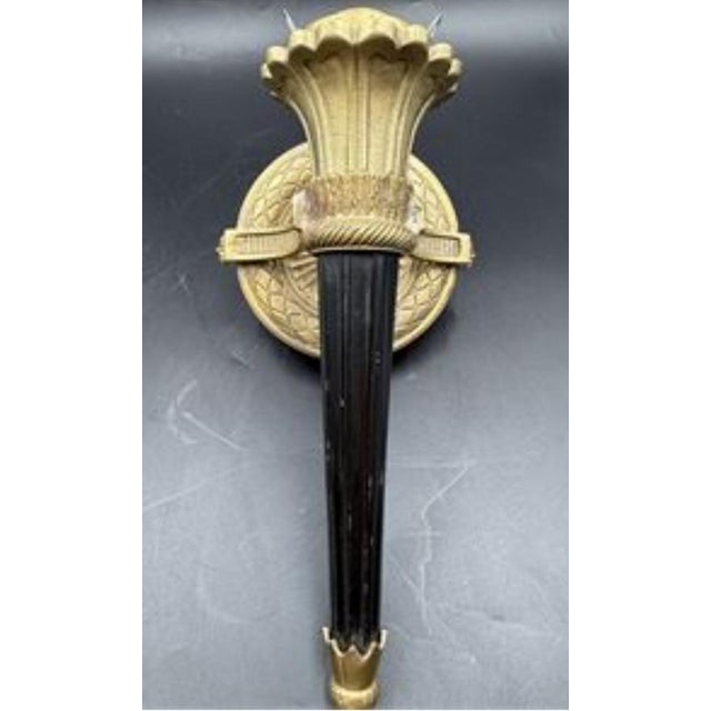 Mid 20th Century Neoclassical Cast Brass Torch Sconces — a Pair Sculptural French-Inspired Architectural Lighting For Sale - Image 4 of 9