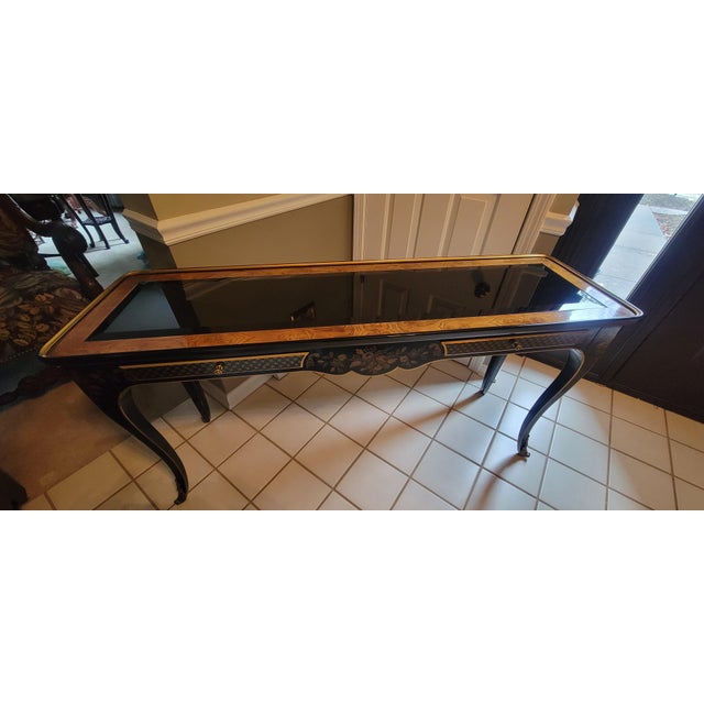 Drexel Heritage Chinoiserie console table. This elegant piece is a chinoiserie console table from the "Et Cetera"...