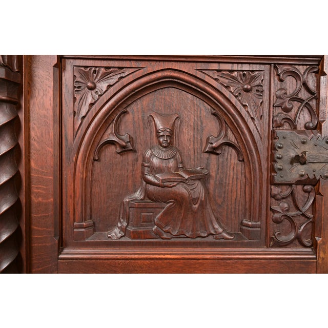 Antique French Gothic Revival Oak Bar Cabinet With Carved Figures, Circa 1890s For Sale - Image 10 of 14