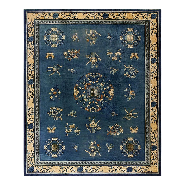 1920s Blue Field Floral Traditional Medallion Antique Chinese Peking Knotted Rug For Sale