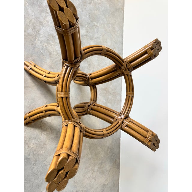 Brown Vintage McGuire - Style Rattan and Leather Round Dining Table W/ Glass Top For Sale - Image 8 of 12