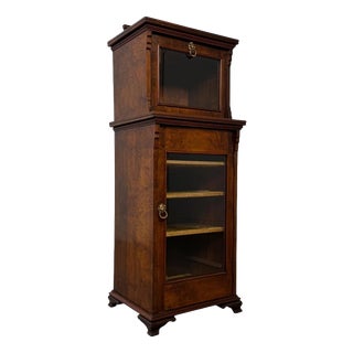 Antique English Walnut Narrow Display Cabinet, 1800s For Sale