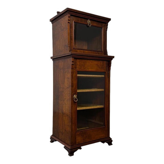 Antique English Walnut Narrow Display Cabinet, 1800s For Sale