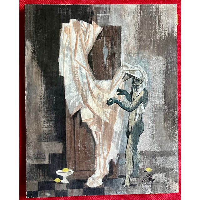 Robert Ritter (American b. 1949) Mid-Century Surrealist oil painting of a figure in interior. The nude figure stands...
