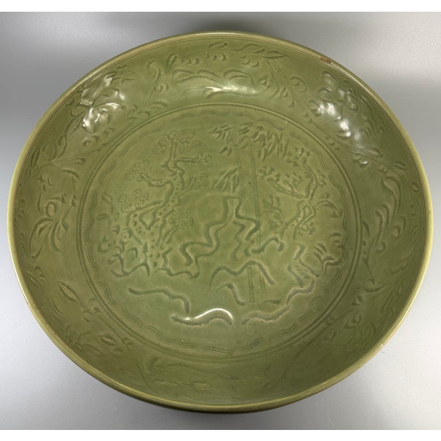 Chinese Chinese Celadon Large Decorative Plate, Collectible Carved Motif Platter For Sale - Image 3 of 7
