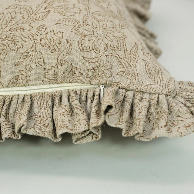 Fabdivine Ethnic Block Print Frill Cushion Cover Brown 20x20 Inch Pure Linen- Jarul For Sale - Image 4 of 5