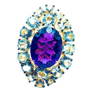 Bochic "Orient" Natural Amethyst & Aquamarine Ring Set In 18K Gold & Silver For Sale