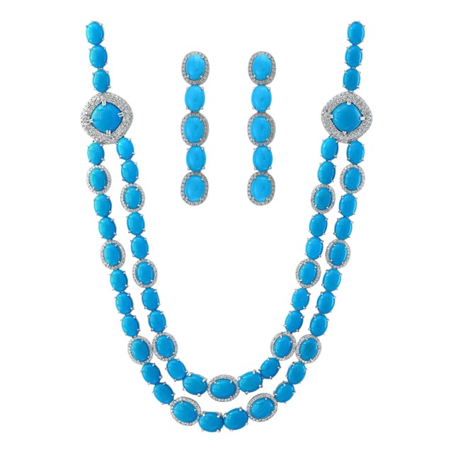 104 Carat Sleeping Beauty Turquoise Necklace and Earring Set, Bridal, 18 K Gold For Sale