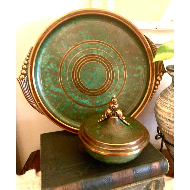 1930s Art Deco Arts & Crafts Carl Sorensen Round Bronze Cocktail Tray Barware Office Decor For Sale - Image 9 of 9