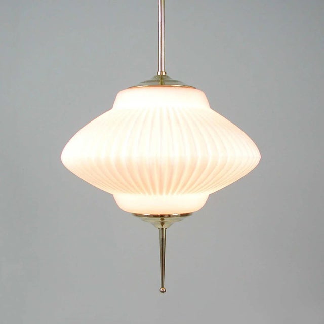 Mid-Century Ribbed Milk Glass & Brass Globe Pendant Attributed to Stilnovo For Sale - Image 5 of 18